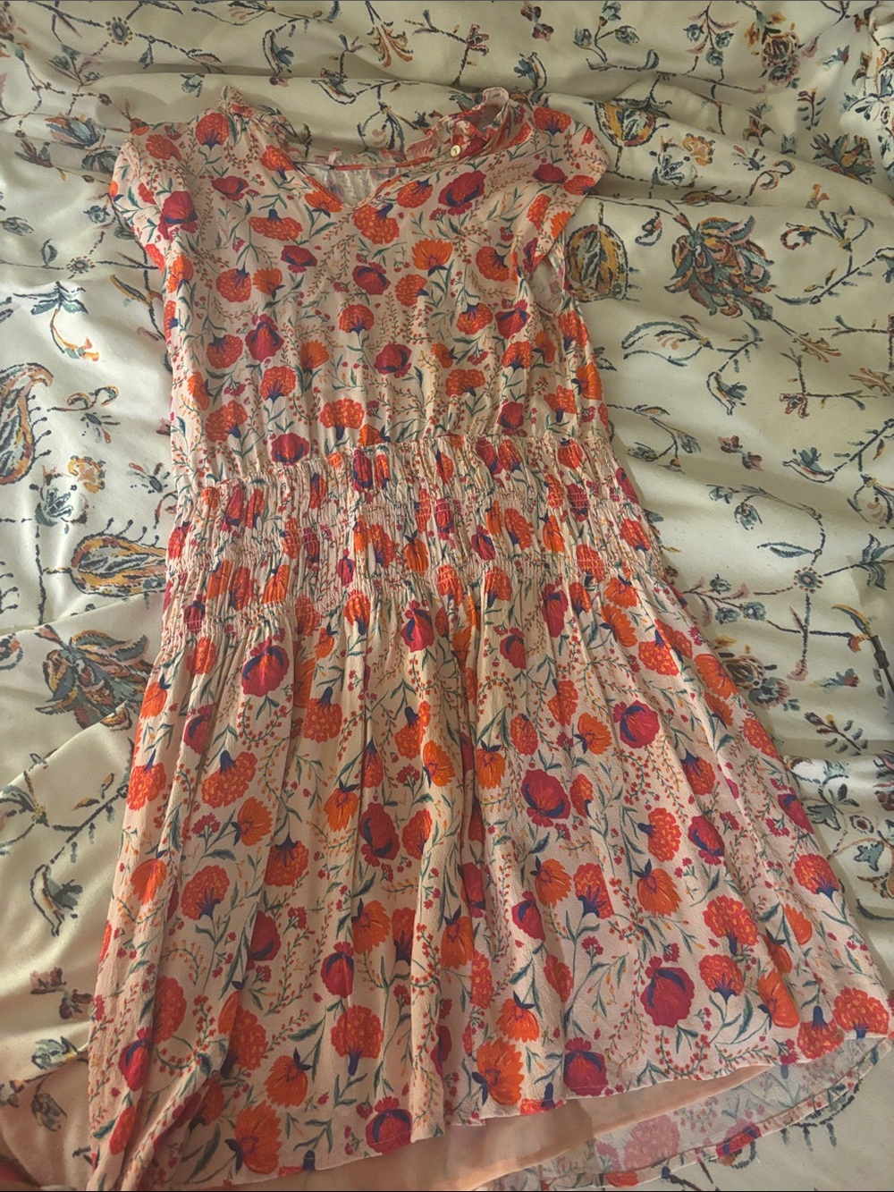 Smocked Waist Floral Short Sleeve Dress - Cream with Pink & Orange